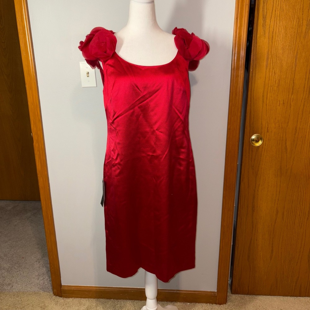 Ann Taylor Red Satin Dress with Rosette Shoulder Details